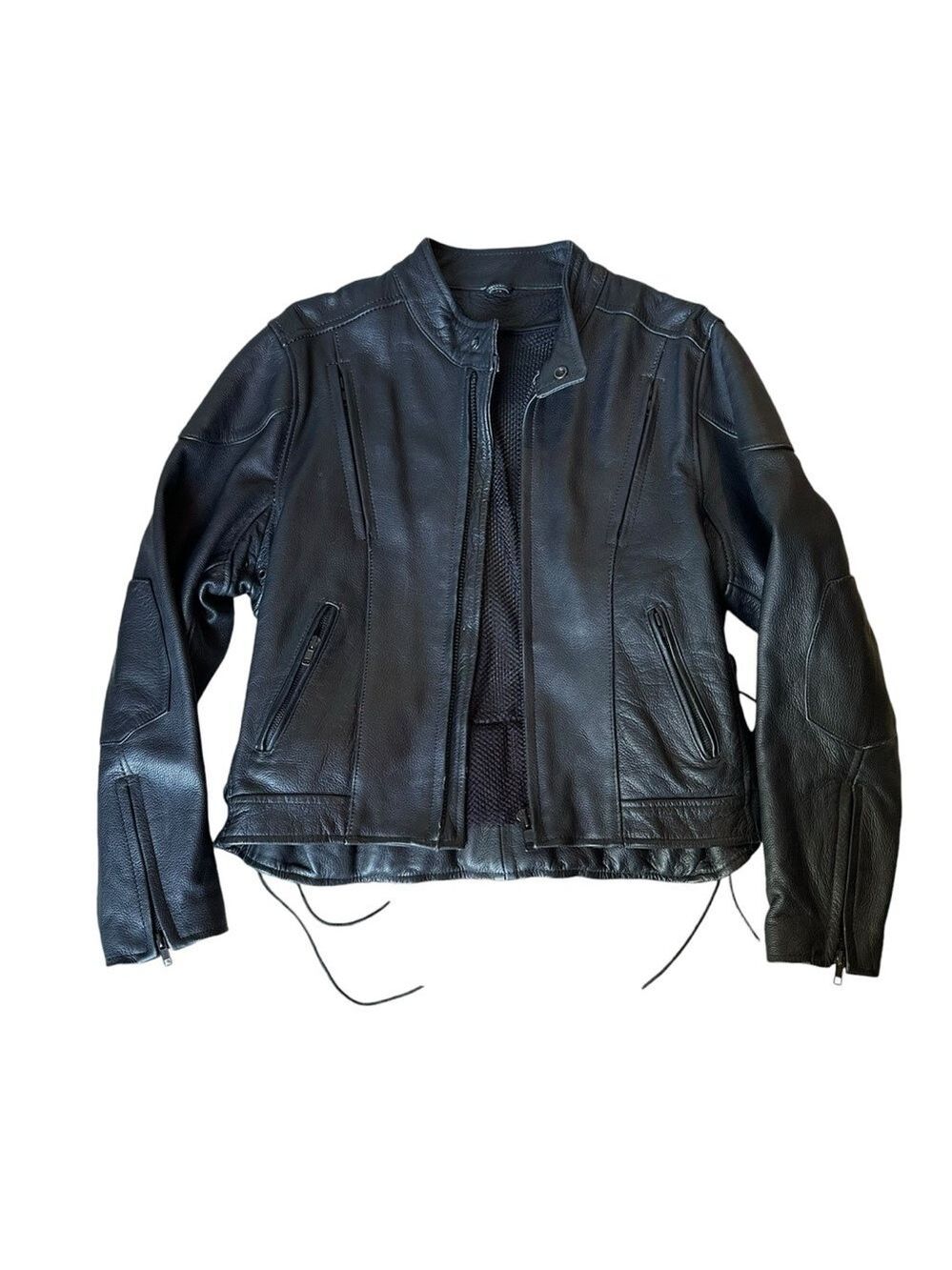 FRONTIER BLACK LEATHER SIDE LACED BIKER MOTORCYCLE JACKET MISSING LINER WOMENS M